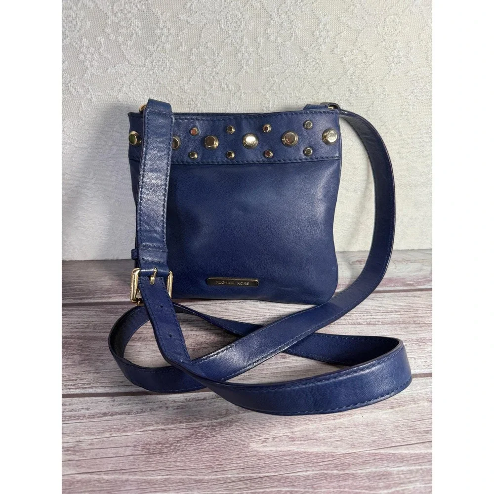 Michael‎ Kors Navy Blue Studded Crossbody Bag Gold Hardware